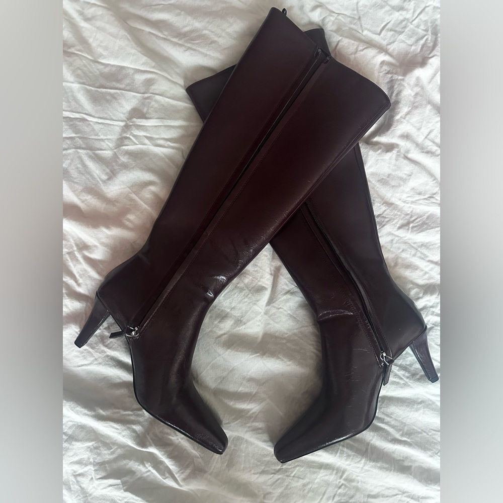 H&M Burgundy Knee-High Pointed Toe Heeled Boots – Slim Mid Heel – 37 – BNWt - Picture 6 of 13